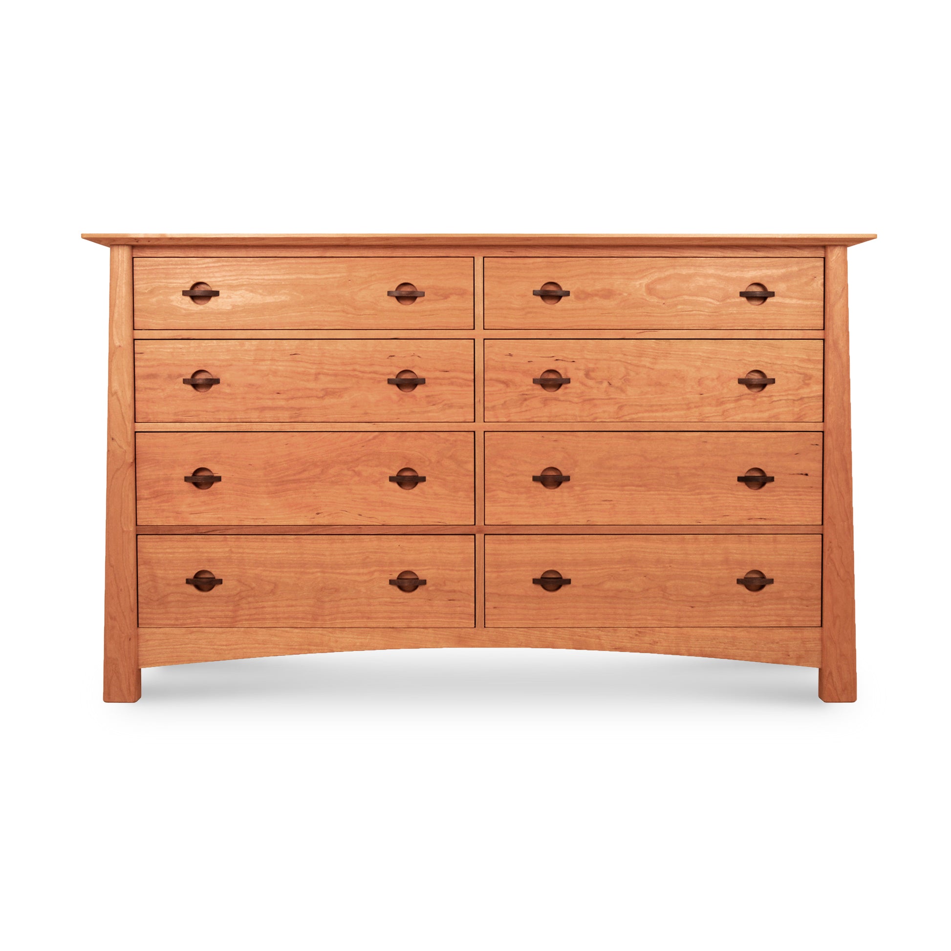 The Cherry Moon 8-Drawer Dresser by Maple Corner Woodworks is a handmade, eco-friendly piece with a natural wood finish. It includes eight drawers arranged in two columns and four rows, each accented with round, dark knob handles. Its simple and functional design makes it ideal for any bedroom setting.