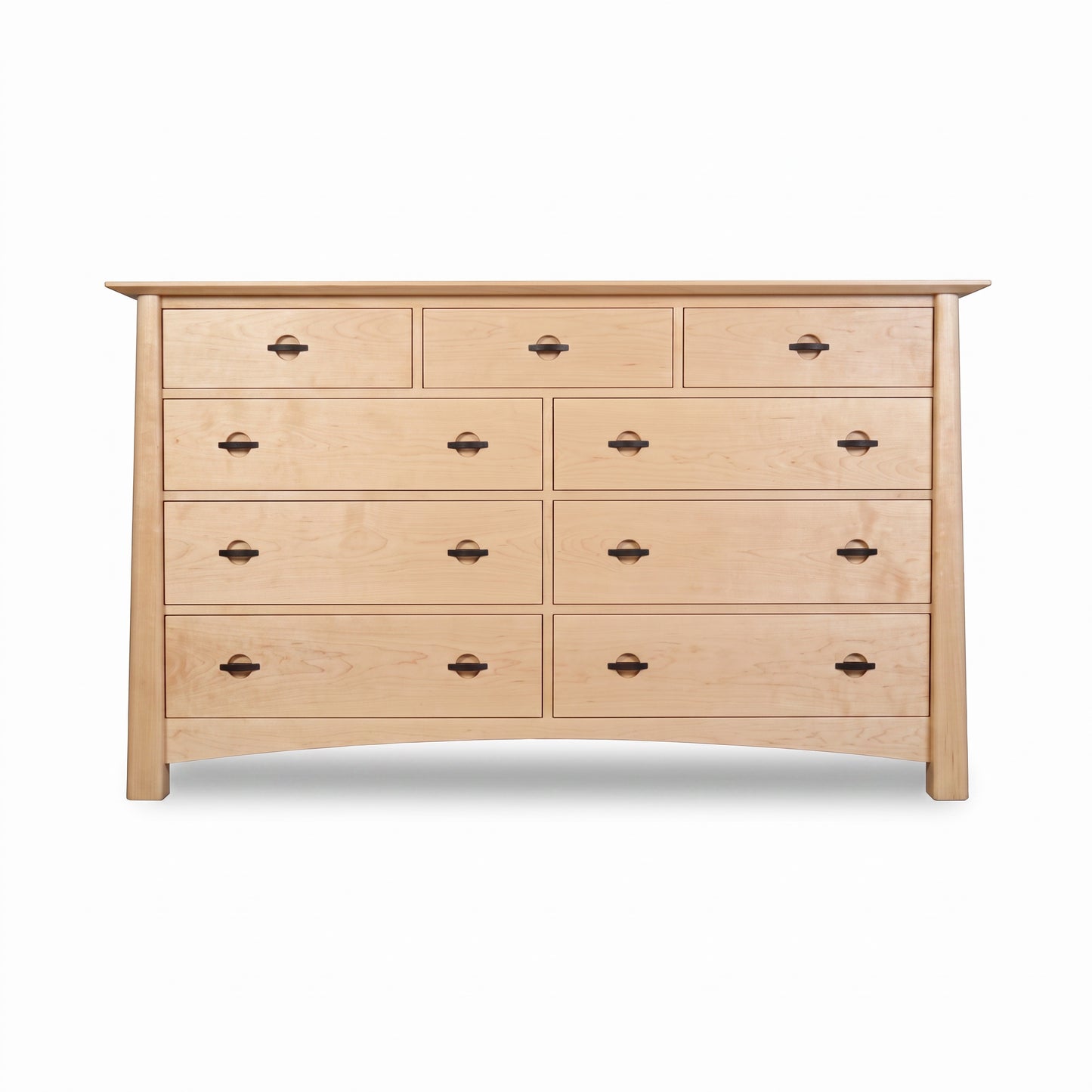 Cherry Moon 9-Drawer Dresser by Maple Corner Woodworks, handmade in Vermont, features a light wood finish with dark metal handles.