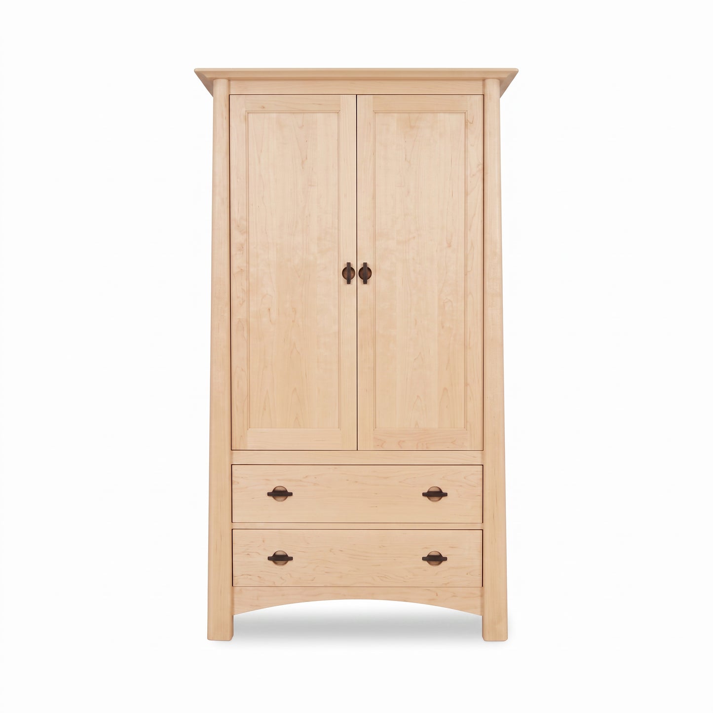The Cherry Moon Armoire by Maple Corner Woodworks showcases Vermont craftsmanship with dark metal handles, crafted from solid wood.