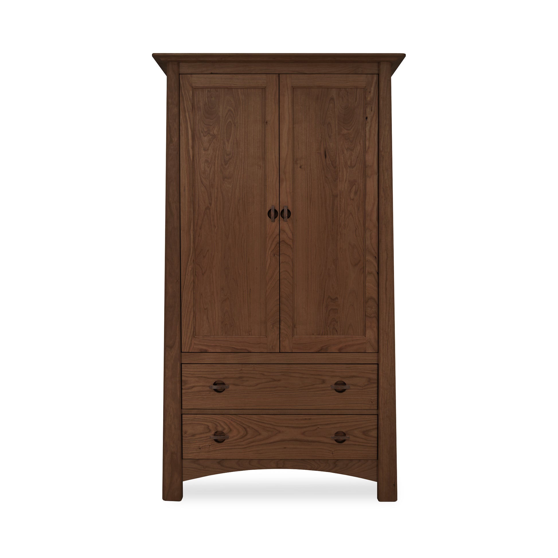 A Maple Corner Woodworks Cherry Moon Armoire with two doors and a lower drawer, isolated on a white background, showcasing Vermont craftsmanship.