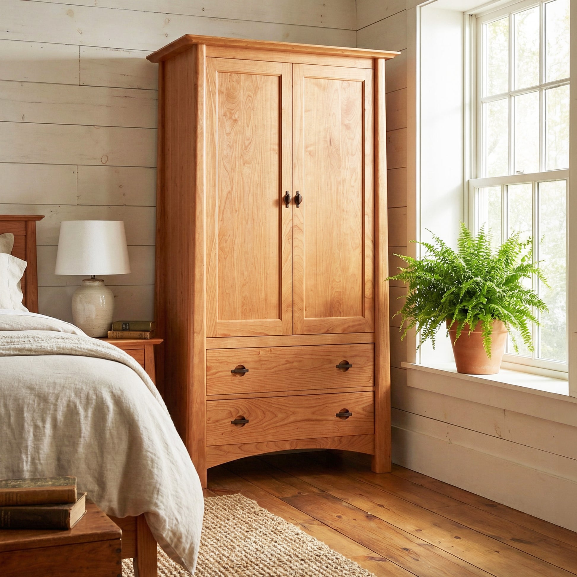 Cherry Moon Armoire by Maple Corner Woodworks features two doors and drawers, expertly crafted in solid wood, showcasing fine American craftsmanship.