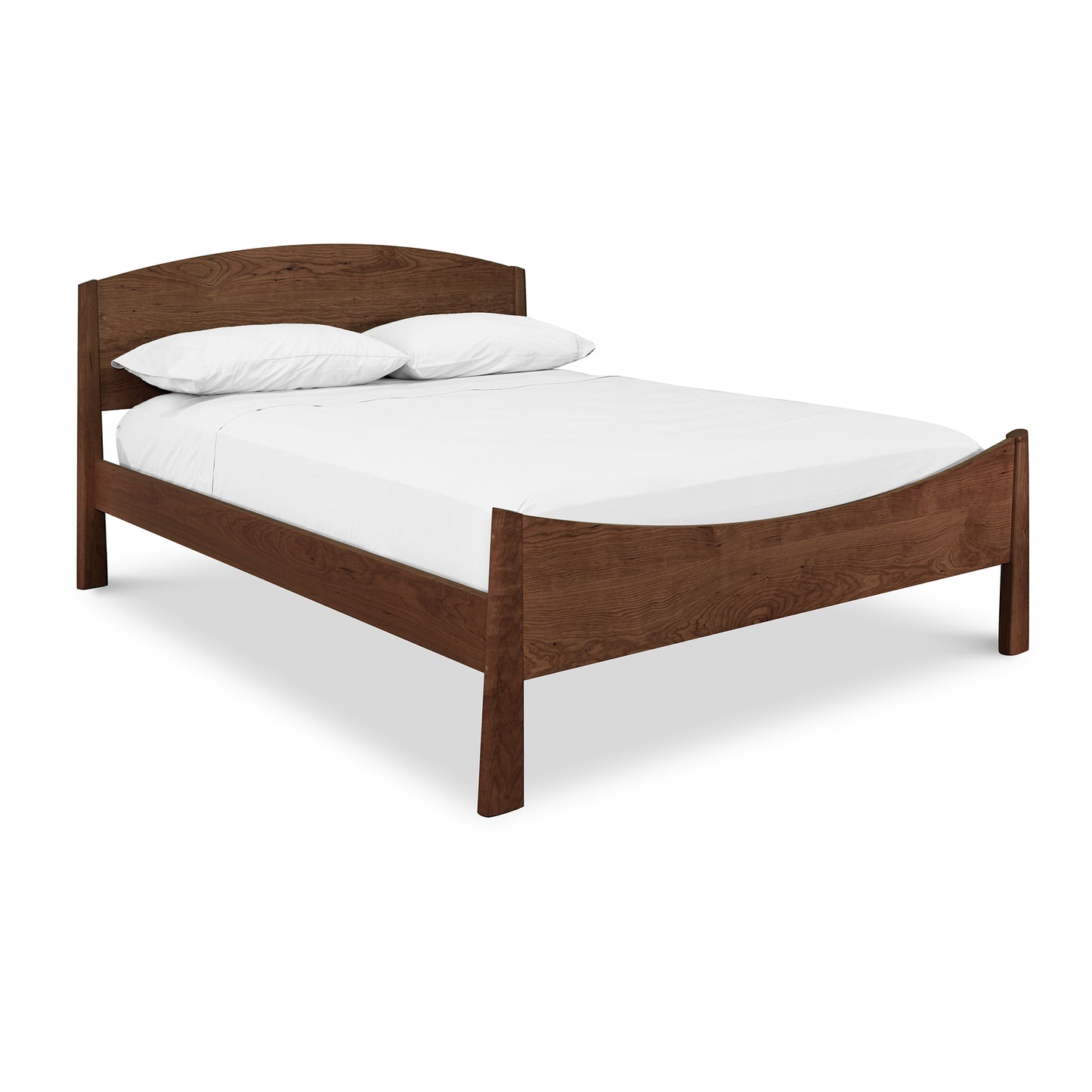A Cherry Moon Bed crafted from sustainably harvested woods with a dark brown finish, featuring a high rectangular headboard and lower footboard, outfitted with a white mattress and two pillows by Maple Corner Woodworks.