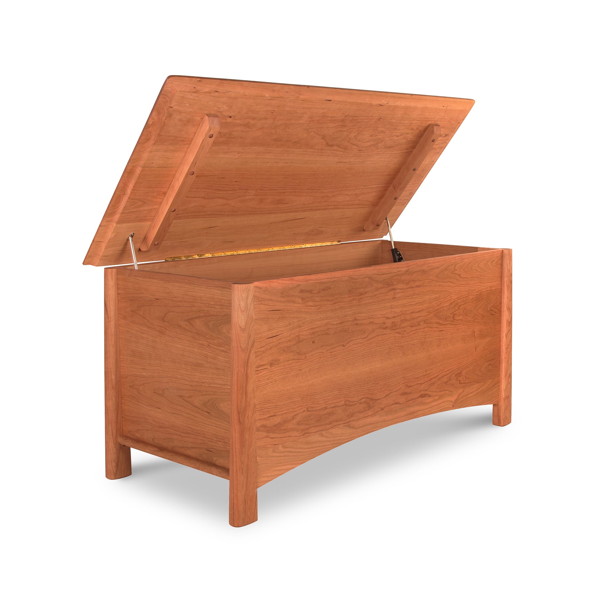 A Maple Corner Woodworks Cherry Moon Blanket Chest, crafted with solid wood storage and Vermont craftsmanship, with an open lid, isolated on a white background.
