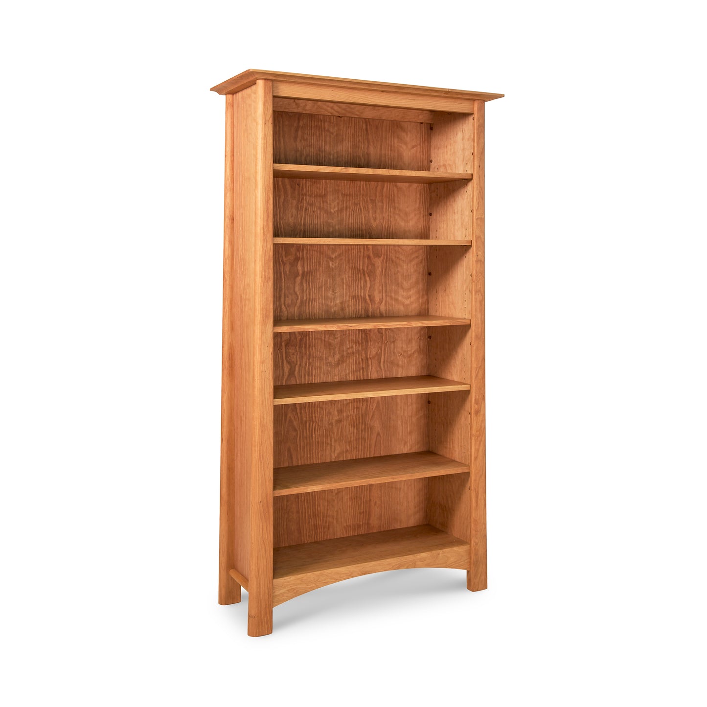 Maple Corner Woodworks Cherry Moon Bookcase with six shelves, isolated on a white background.
