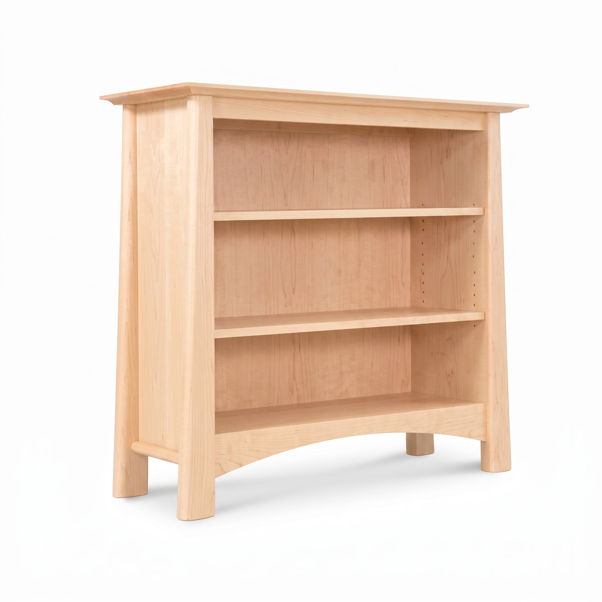 Cherry Moon Bookcase by Maple Corner Woodworks, handcrafted in Vermont, features three solid wood shelves and an open back for a modern look.