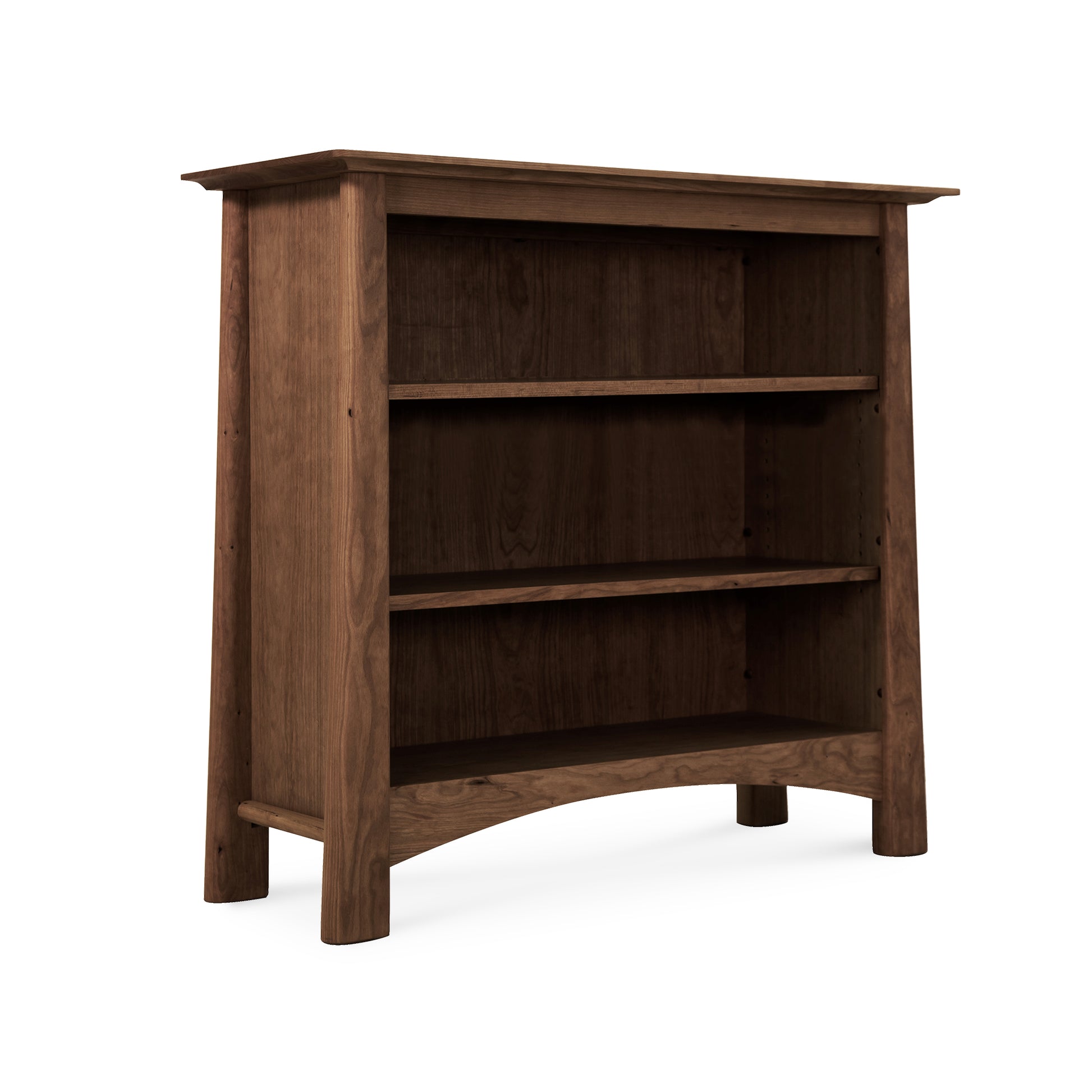 A Maple Corner Woodworks Cherry Moon bookcase with three shelves, isolated on a white background.
