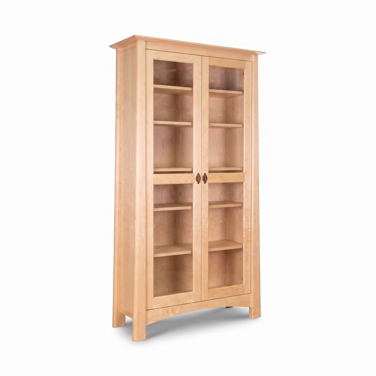 Cherry Moon Bookcase by Maple Corner Woodworks, handcrafted in Vermont with elegant glass doors and a natural wood finish, American made quality.