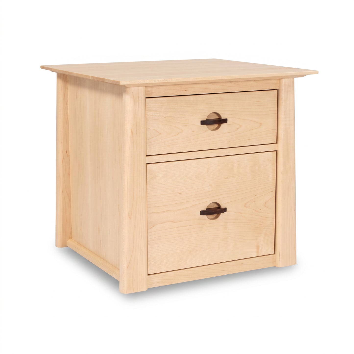 Cherry Moon File Cabinet by Maple Corner Woodworks features solid light wood, two spacious drawers, and elegant dark metal handles.