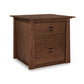 A Cherry Moon File Cabinet two-drawer nightstand isolated on a white background. (Brand: Maple Corner Woodworks)