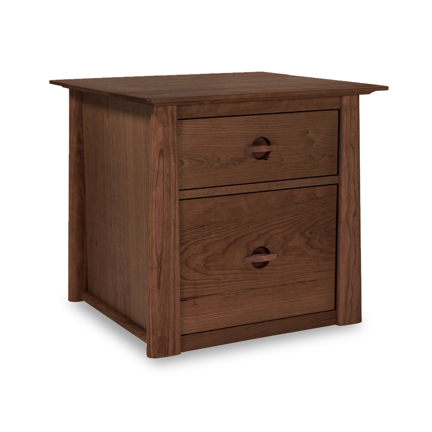 A Cherry Moon File Cabinet two-drawer nightstand isolated on a white background. (Brand: Maple Corner Woodworks)