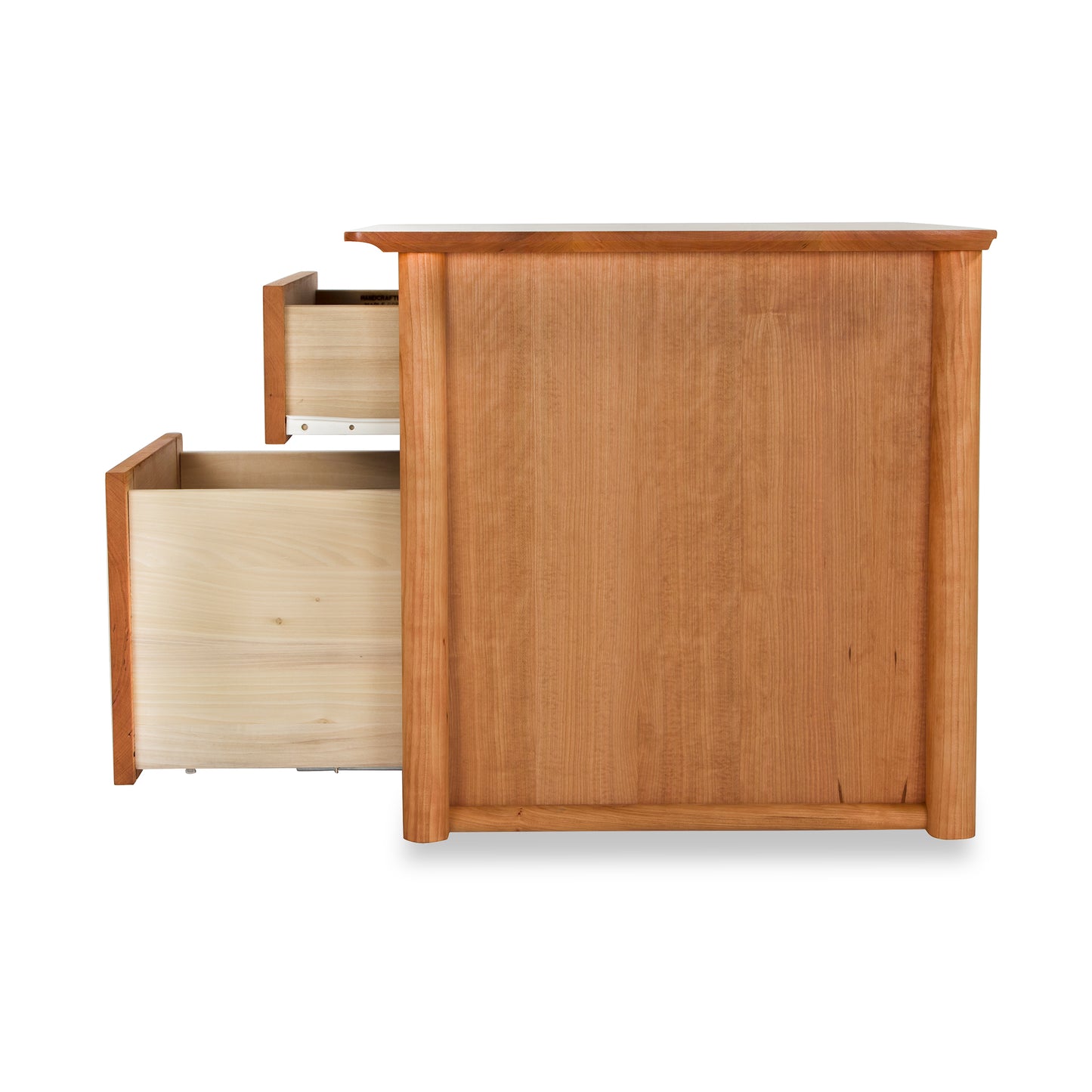 Wooden nightstand with an open drawer, isolated on a white background, resembling a Maple Corner Woodworks Cherry Moon File Cabinet.