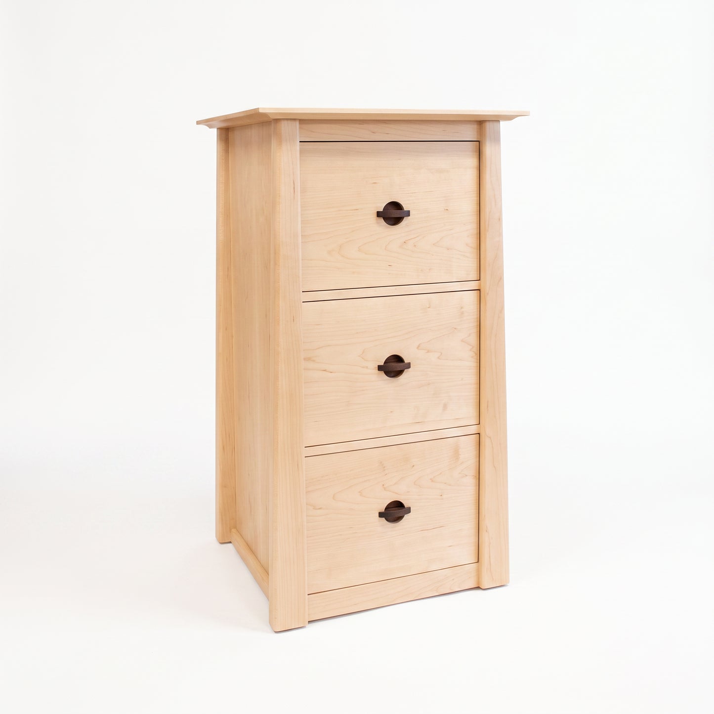 Cherry Moon File Cabinet in natural maple by Maple Corner Woodworks with three drawers and natural walnut drawer pulls, handcrafted American furniture.