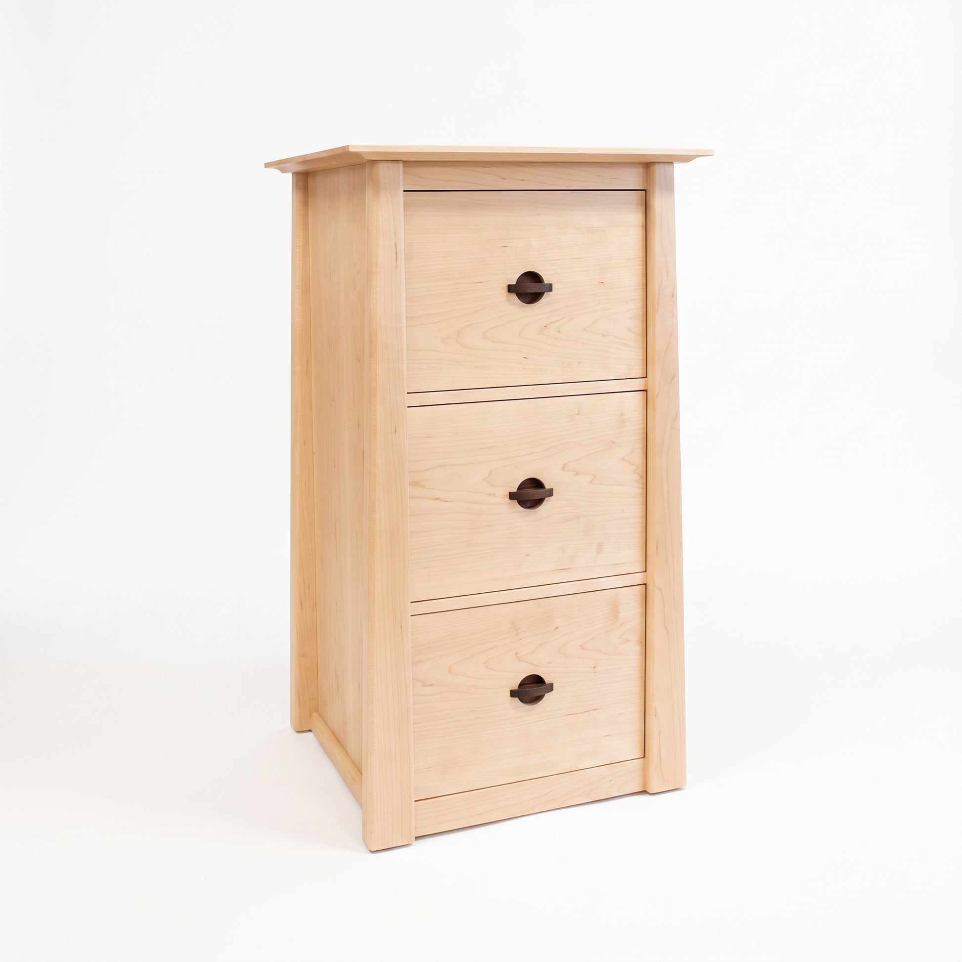 Cherry Moon File Cabinet in natural maple by Maple Corner Woodworks with three drawers and natural walnut drawer pulls, handcrafted American furniture.