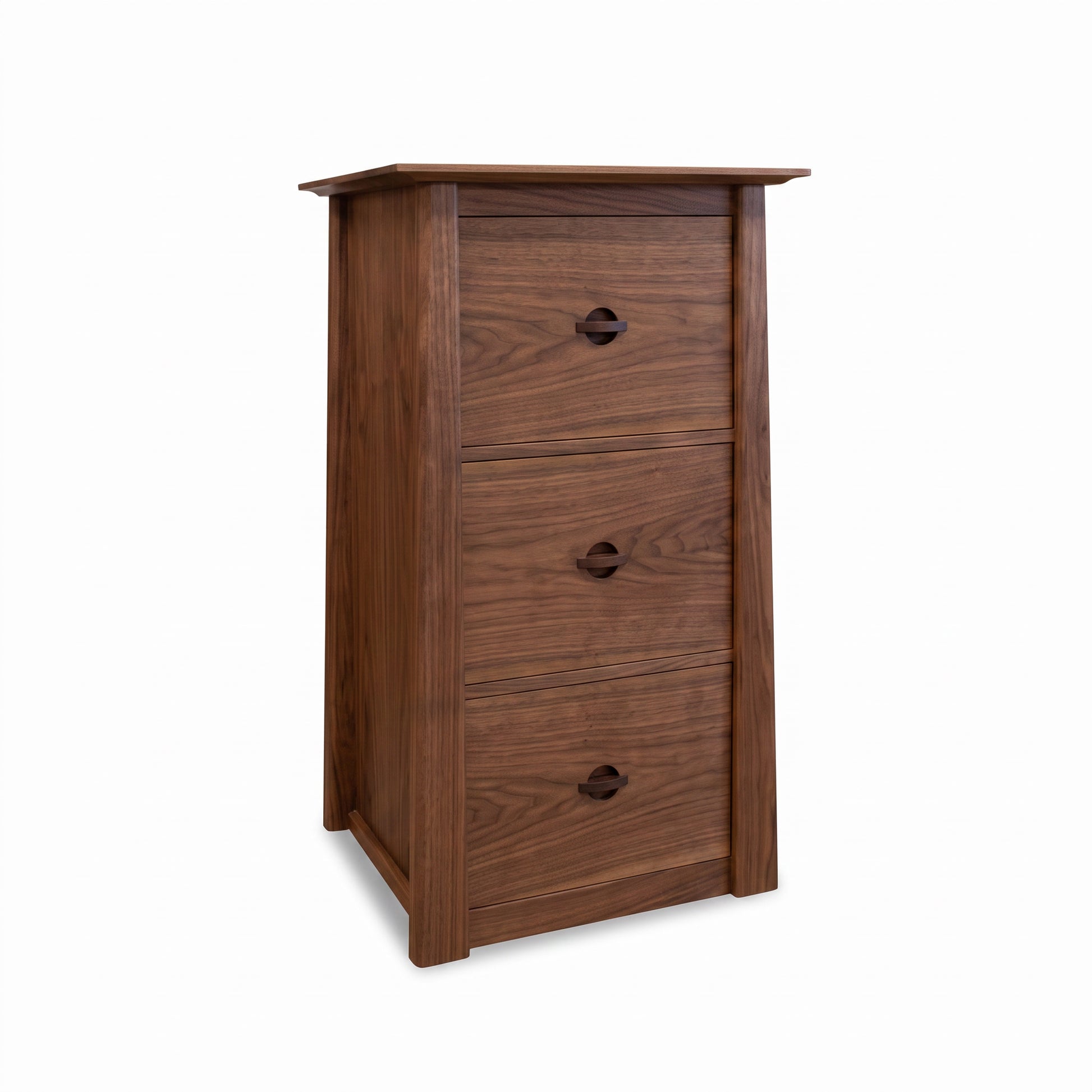 Maple Corner Woodworks Cherry Moon File Cabinet features a sleek, tall walnut wood build with four drawers and round handles, handcrafted in Vermont.
