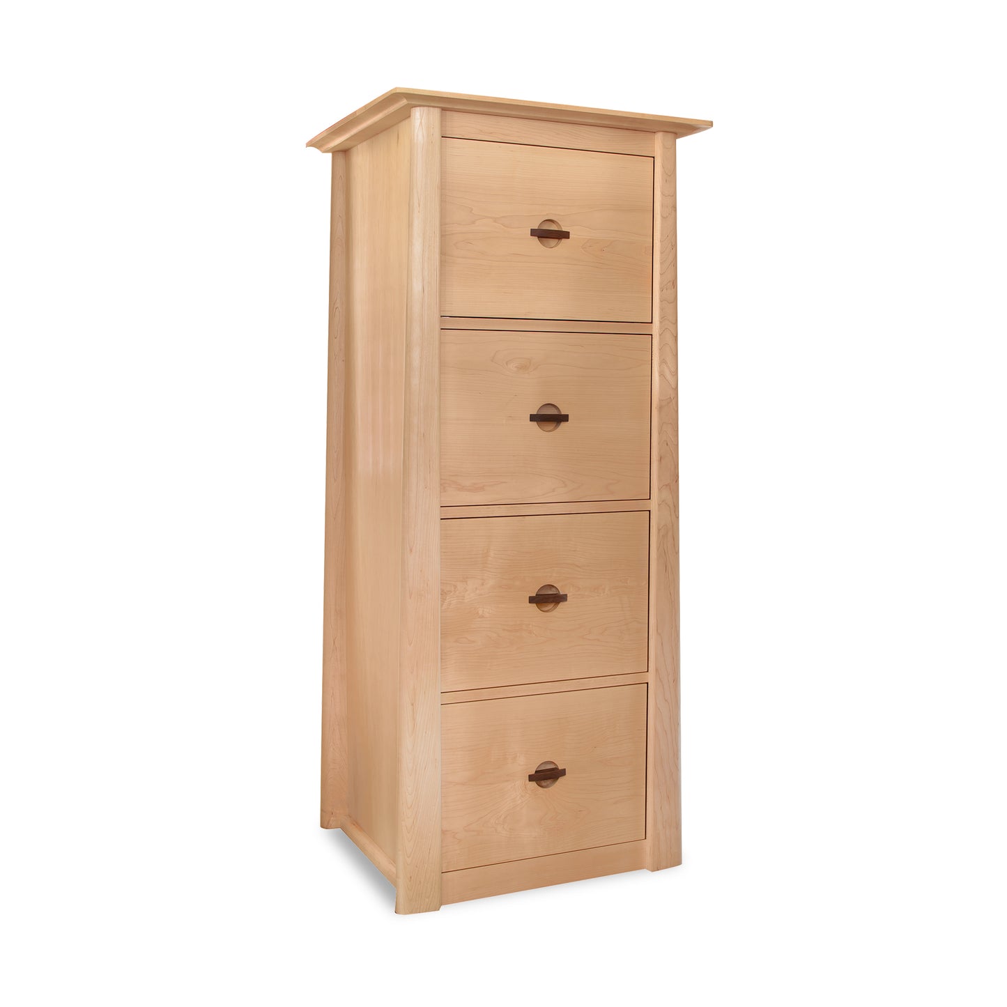 A tall Cherry Moon File Filing Cabinet with four drawers from Maple Corner Woodworks isolated on a white background.