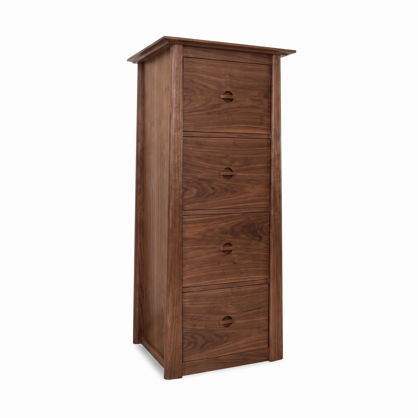 Cherry Moon File Cabinet by Maple Corner Woodworks with four drawers and round cutout handles, crafted in solid wood with a sleek, modern design.