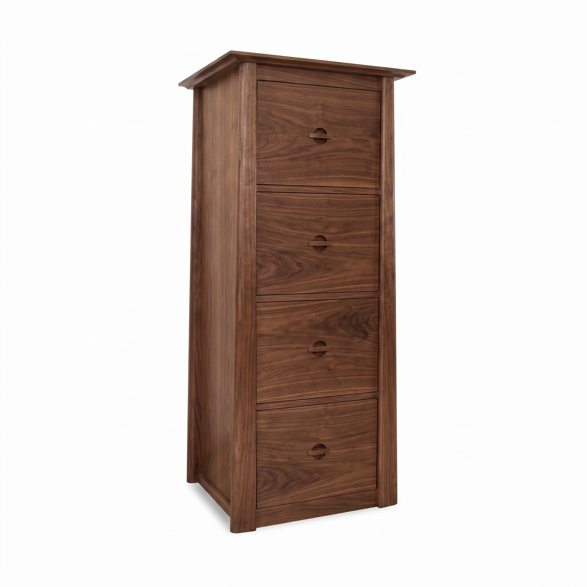 Cherry Moon File Cabinet by Maple Corner Woodworks with four drawers and round cutout handles, crafted in solid wood with a sleek, modern design.