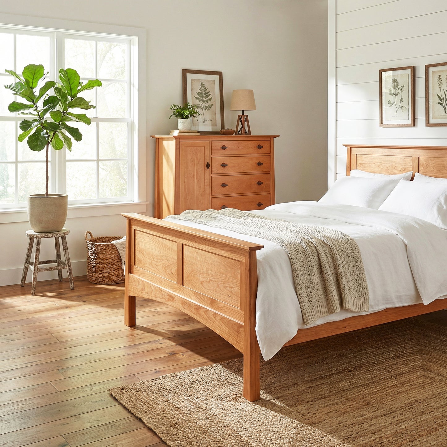 Maple Corner Woodworks Cherry Moon Gent's Chest featured in a bright bedroom, highlighting its American-made craftsmanship and elegant cherry wood finish.