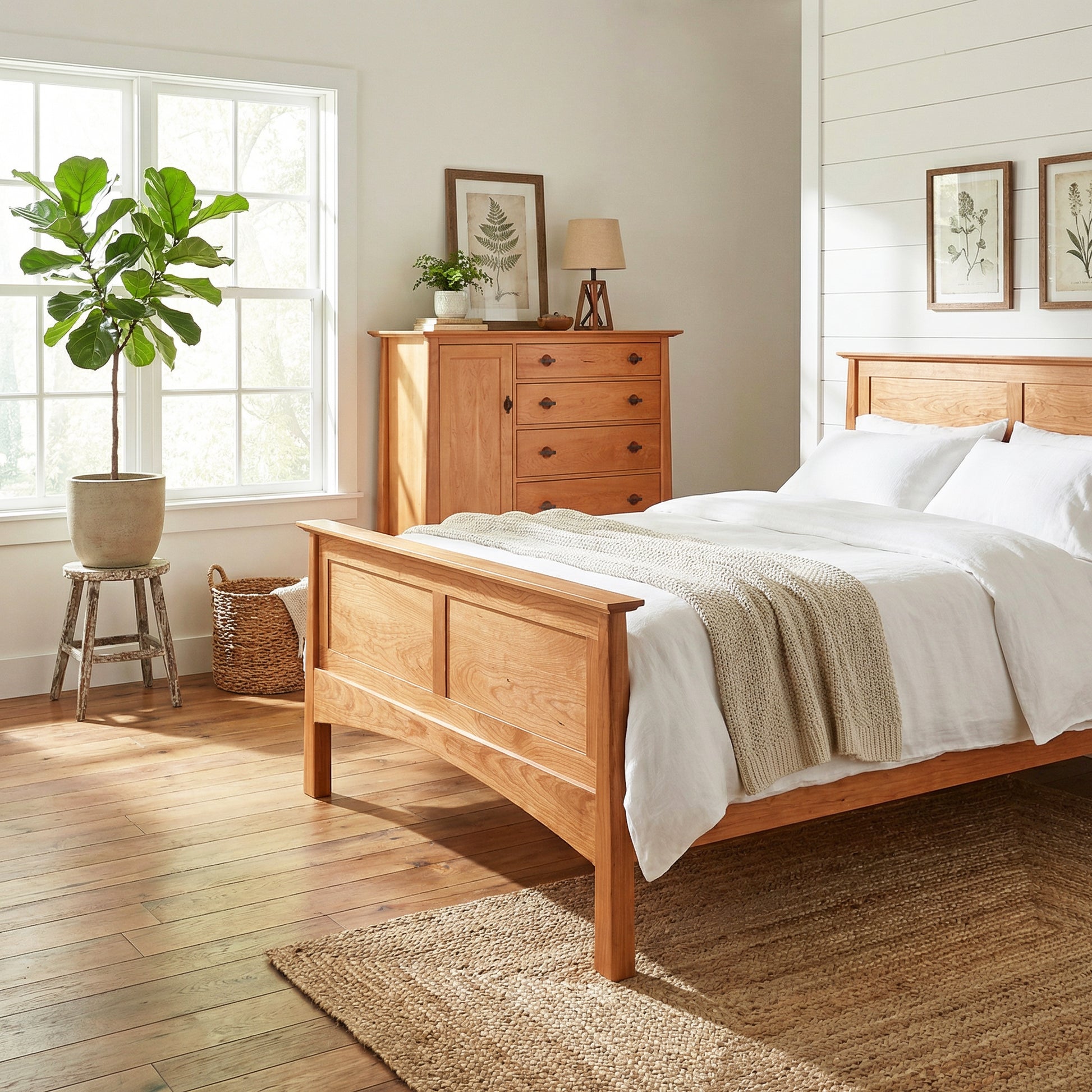 Maple Corner Woodworks Cherry Moon Gent's Chest featured in a bright bedroom, highlighting its American-made craftsmanship and elegant cherry wood finish.