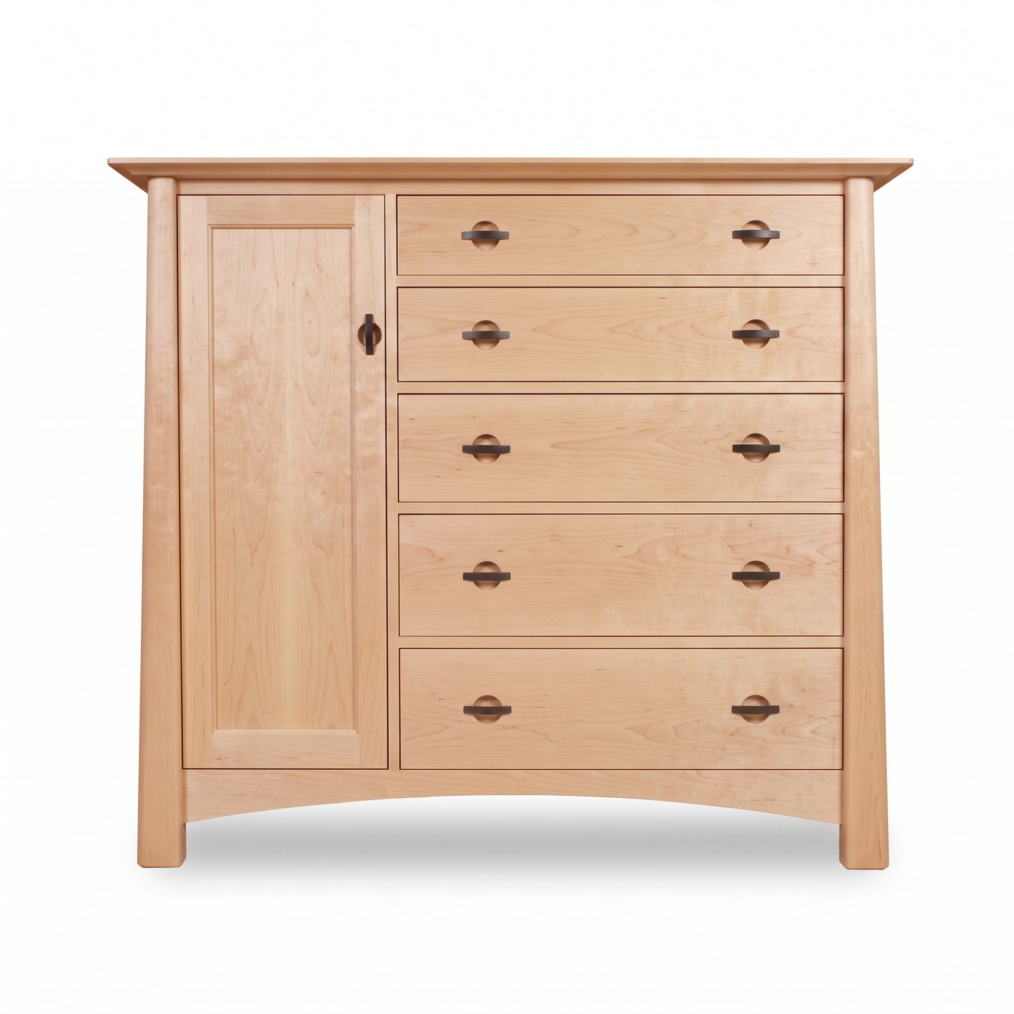 Cherry Moon Gent’s Chest by Maple Corner Woodworks with 5 drawers, a cabinet door, and dark handles in solid wood, handcrafted in Vermont.