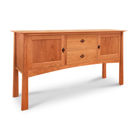 A Maple Corner Woodworks Cherry Moon Huntboard with a smooth finish, featuring two cabinet doors and three centered drawers, set on a simple, elevated base. The wood appears to be cherry or a similar hardwood.
