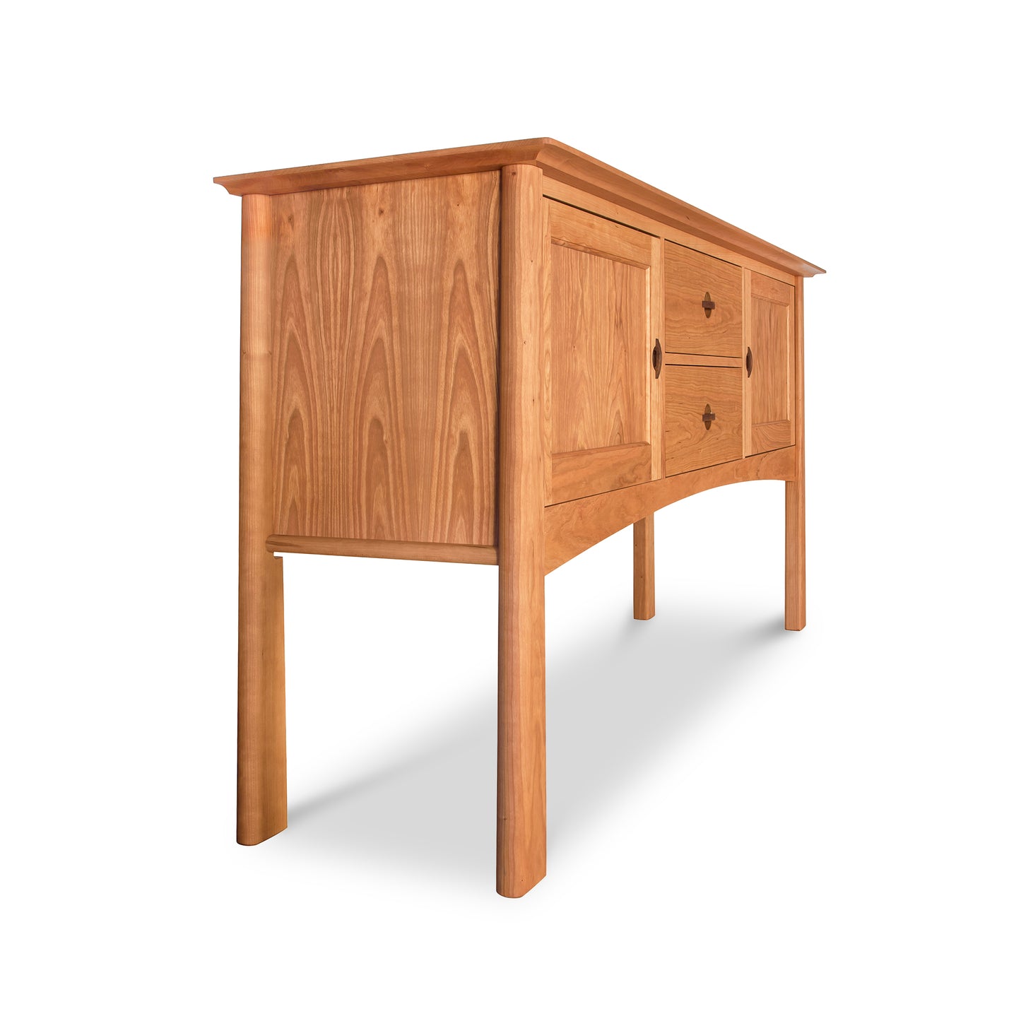 A Maple Corner Woodworks Cherry Moon Huntboard, crafted from natural hardwoods with a smooth finish featuring two doors and star-shaped knobs, set against a plain white background.