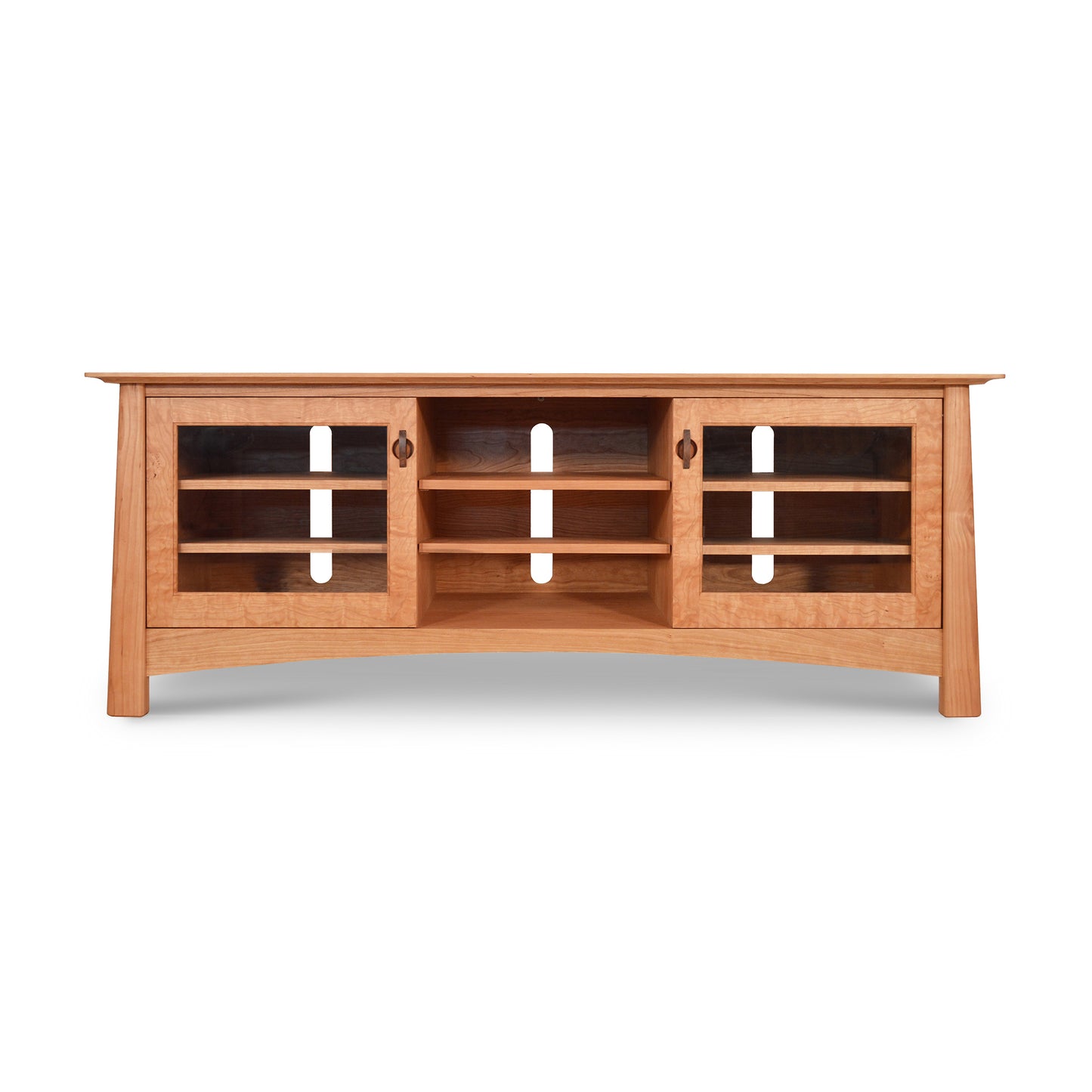 Cherry Moon 68" TV Console by Maple Corner Woodworks featuring glass doors, three open shelves, and a light brown Vermont-inspired hardwood finish.