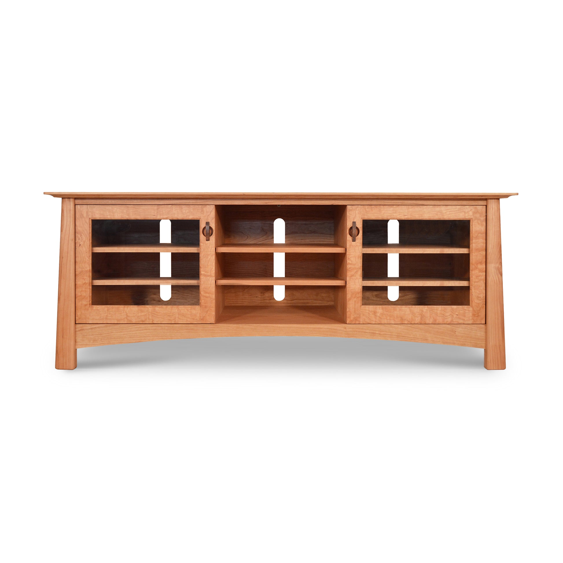 Cherry Moon 68" TV Console by Maple Corner Woodworks featuring glass doors, three open shelves, and a light brown Vermont-inspired hardwood finish.