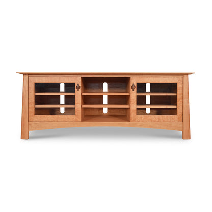 Cherry Moon 68" TV Console by Maple Corner Woodworks featuring glass doors, three open shelves, and a light brown Vermont-inspired hardwood finish.