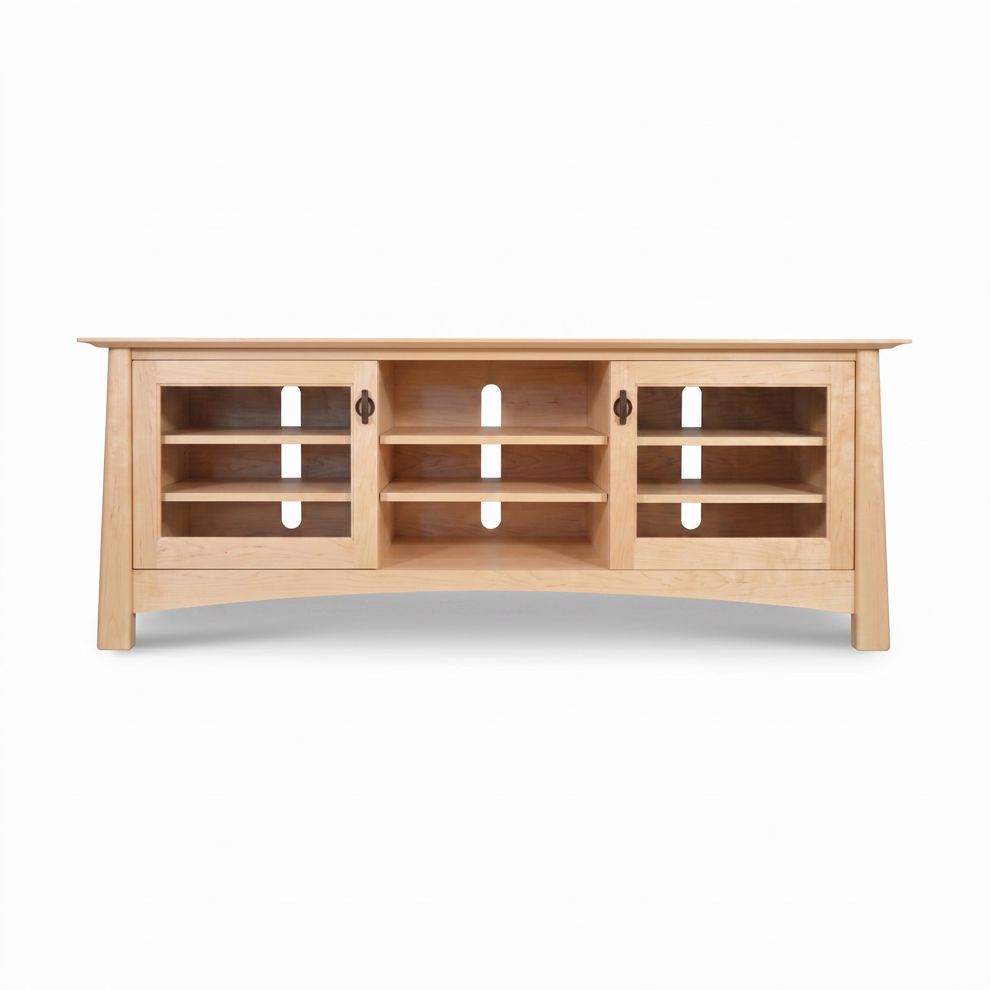 Cherry Moon 68″ TV console by Maple Corner Woodworks in light cherry wood with two glass cabinets, three open shelves, and built-in cord management.