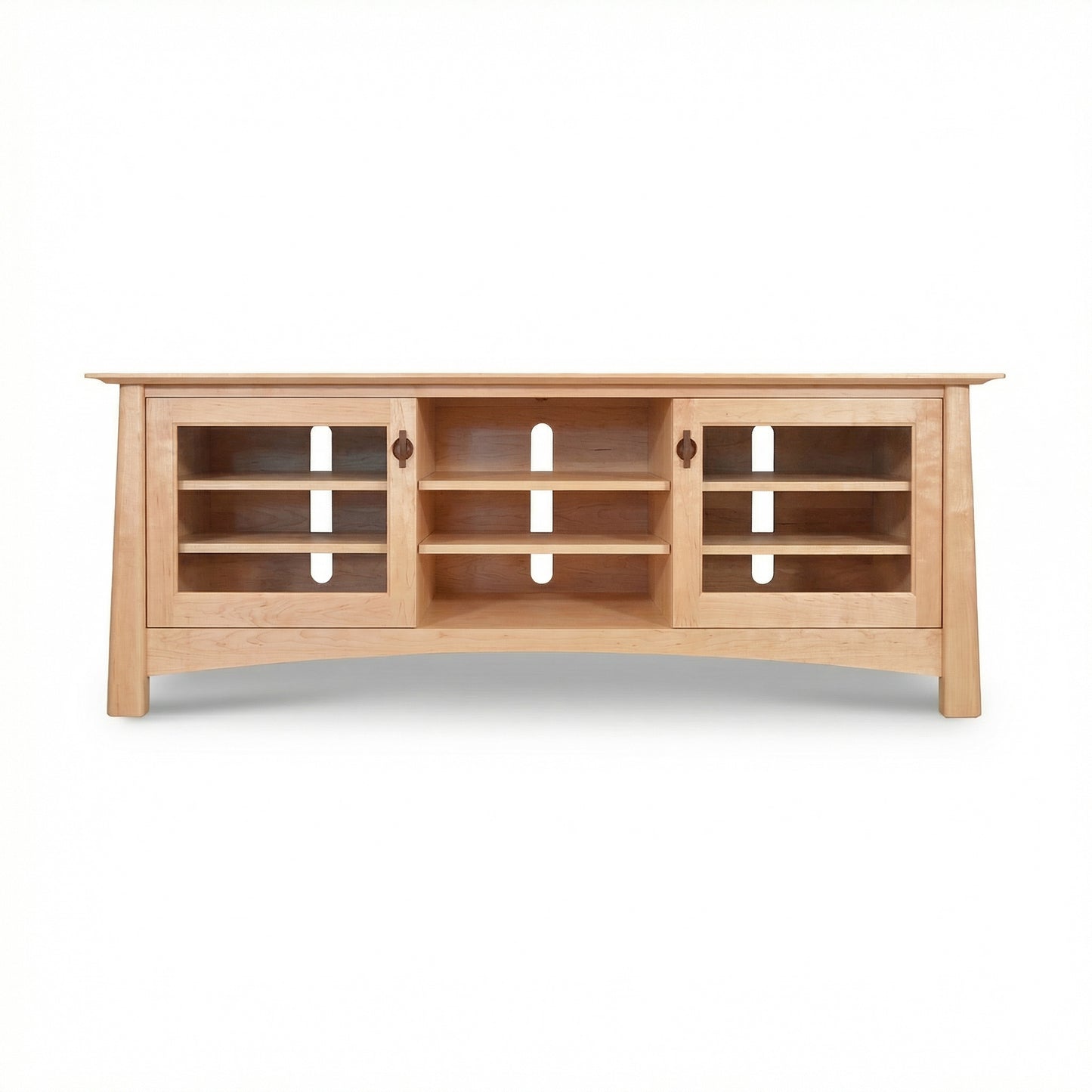 Cherry Moon 68" TV console by Maple Corner Woodworks with glass-door cabinets and open shelves, handcrafted in solid cherry for stylish, American made media storage.
