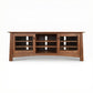 Cherry Moon 68" TV Console by Maple Corner Woodworks with two glass-front cabinets and three open shelves, crafted in solid American wood.