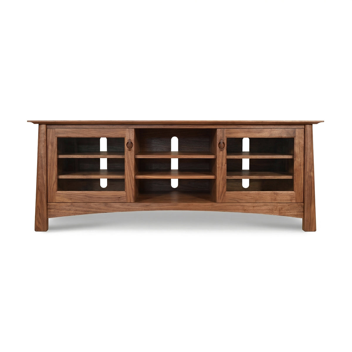 Cherry Moon 68″ TV console by Maple Corner Woodworks with glass doors, open shelves, and a natural cherry finish. American made craftsmanship.