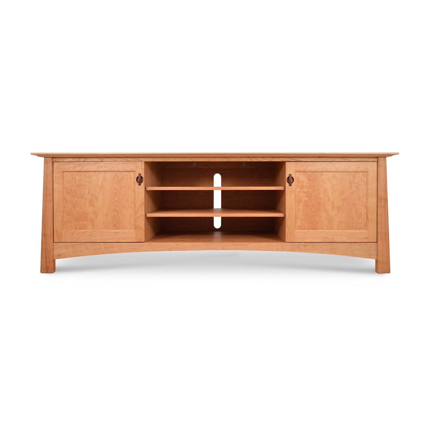 Cherry Moon 80" TV-media console by Maple Corner Woodworks with side cabinets, three center shelves, and rear cable management hole, handcrafted in Vermont.