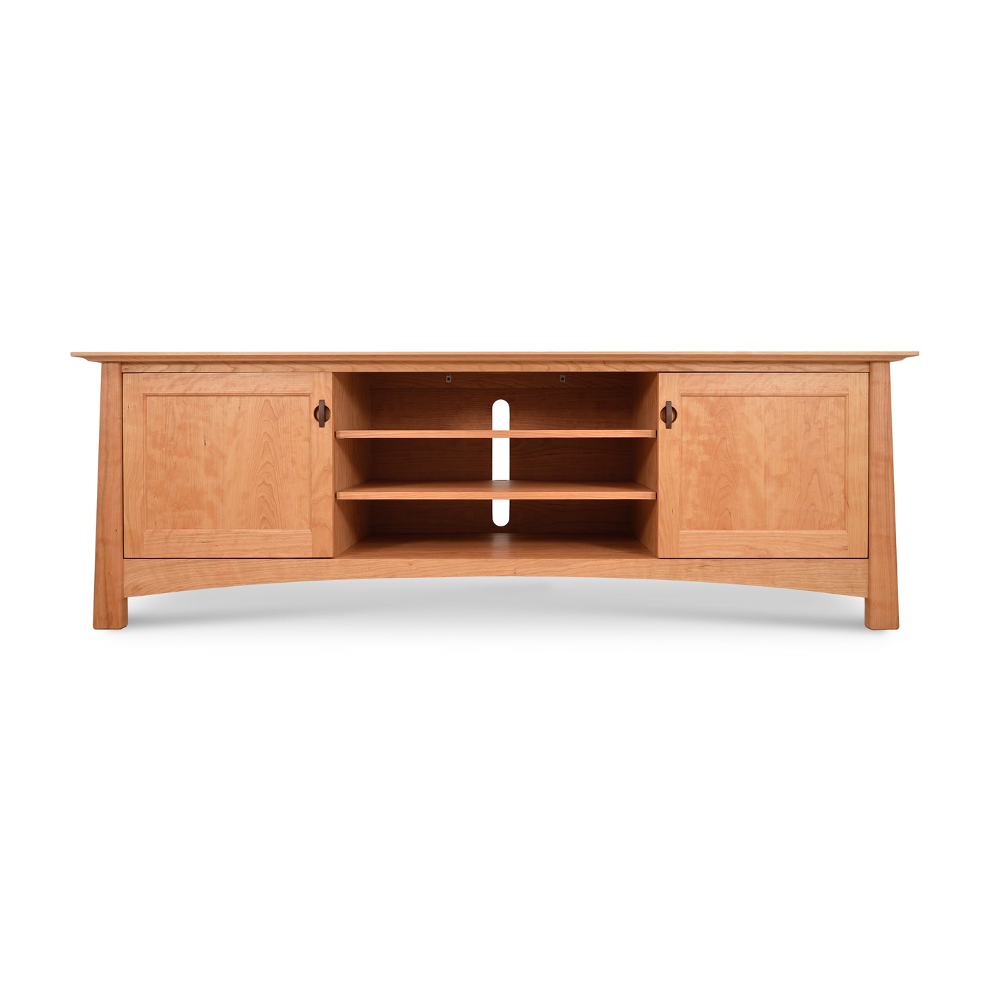 A Maple Corner Woodworks Cherry Moon 80" TV-Media Console, made of walnut wood, featuring shelves and drawers to function as a versatile media center.