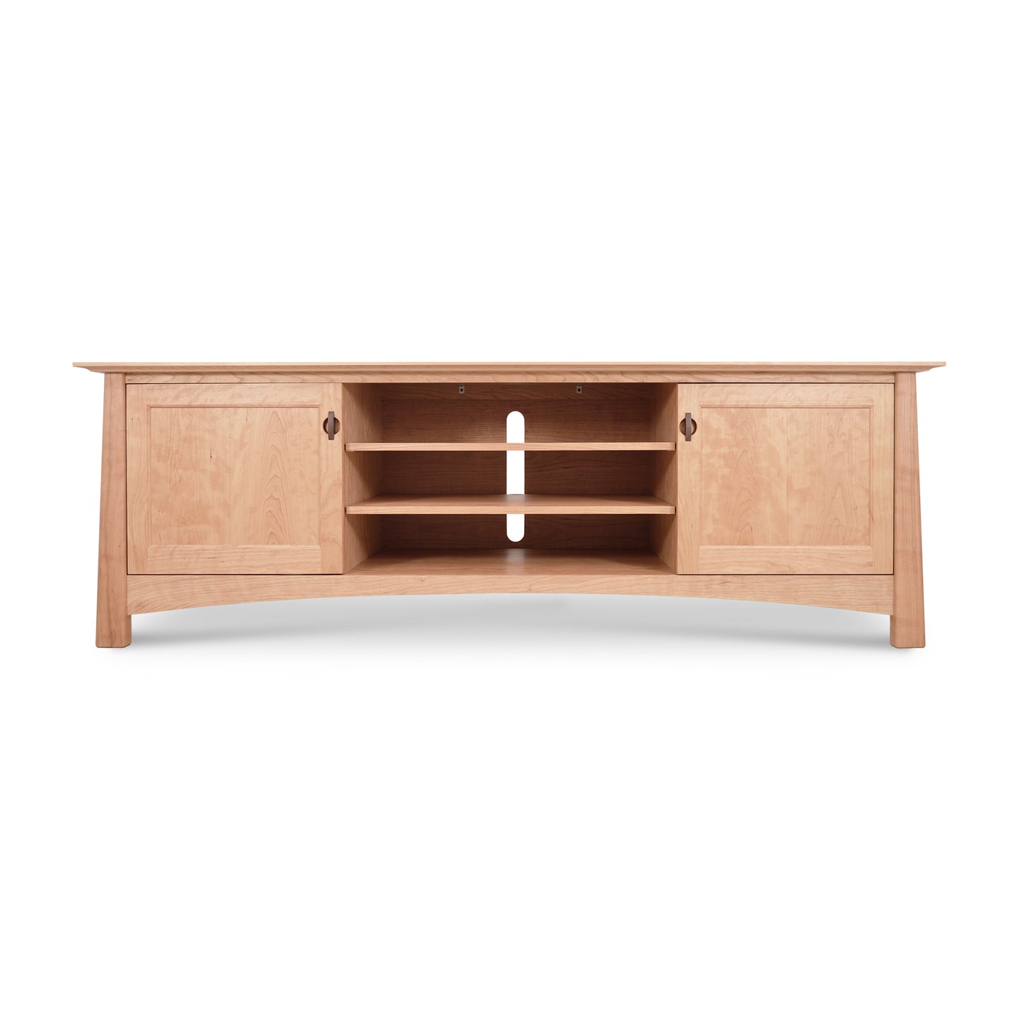 A long, curved wooden Maple Corner Woodworks Cherry Moon 80" TV-Media Console with a light natural finish. It features three sections: a central area with two shelves designed for a flat-screen TV and flanking cabinets on each side.