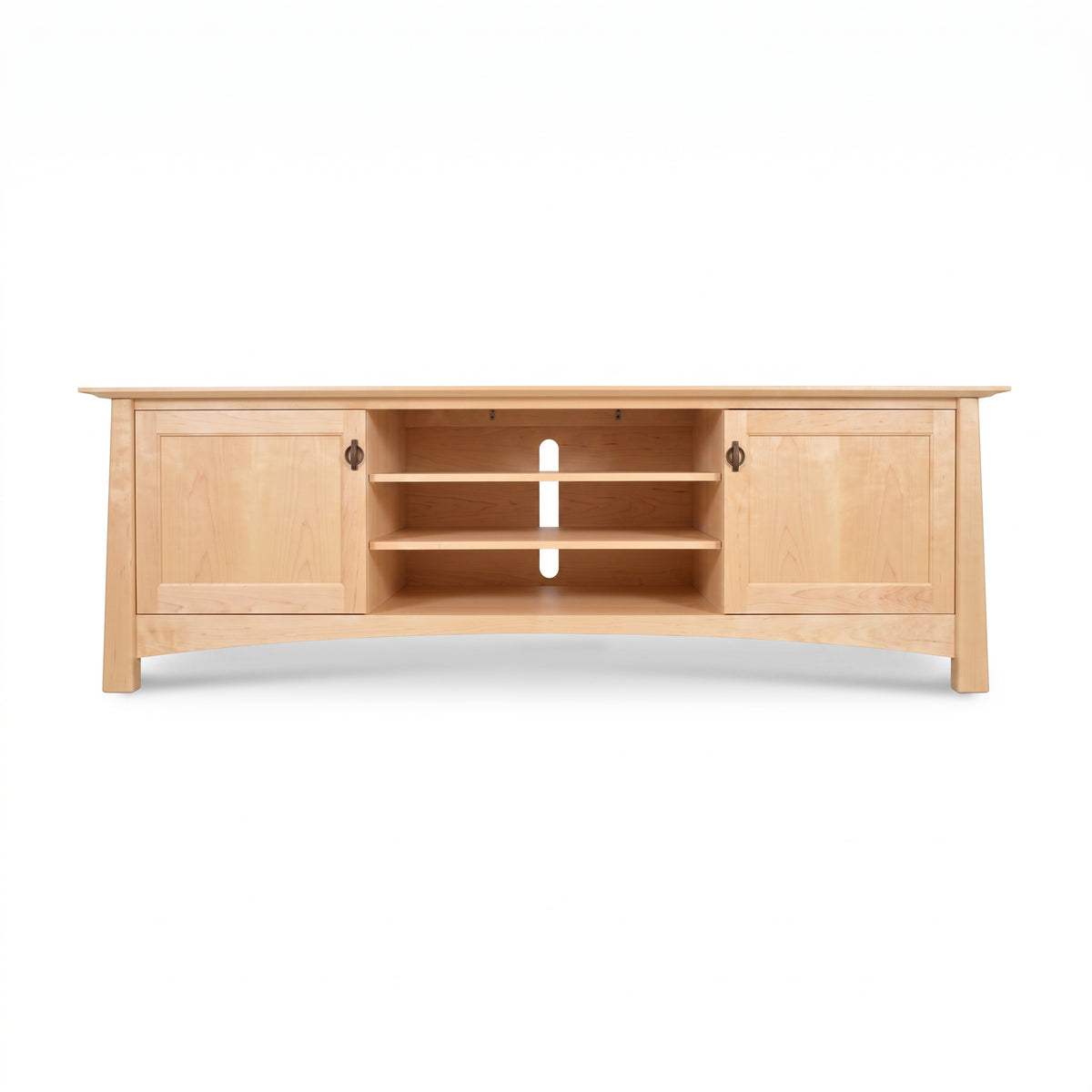 Cherry Moon 80″ TV-media console by Maple Corner Woodworks in light cherry wood with two cabinets, open shelves, and cable management hole.