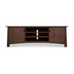 Cherry Moon 80" TV-Media Console from Maple Corner Woodworks, with curved edges, featuring two side cabinets and three central shelves, isolated on a white background.