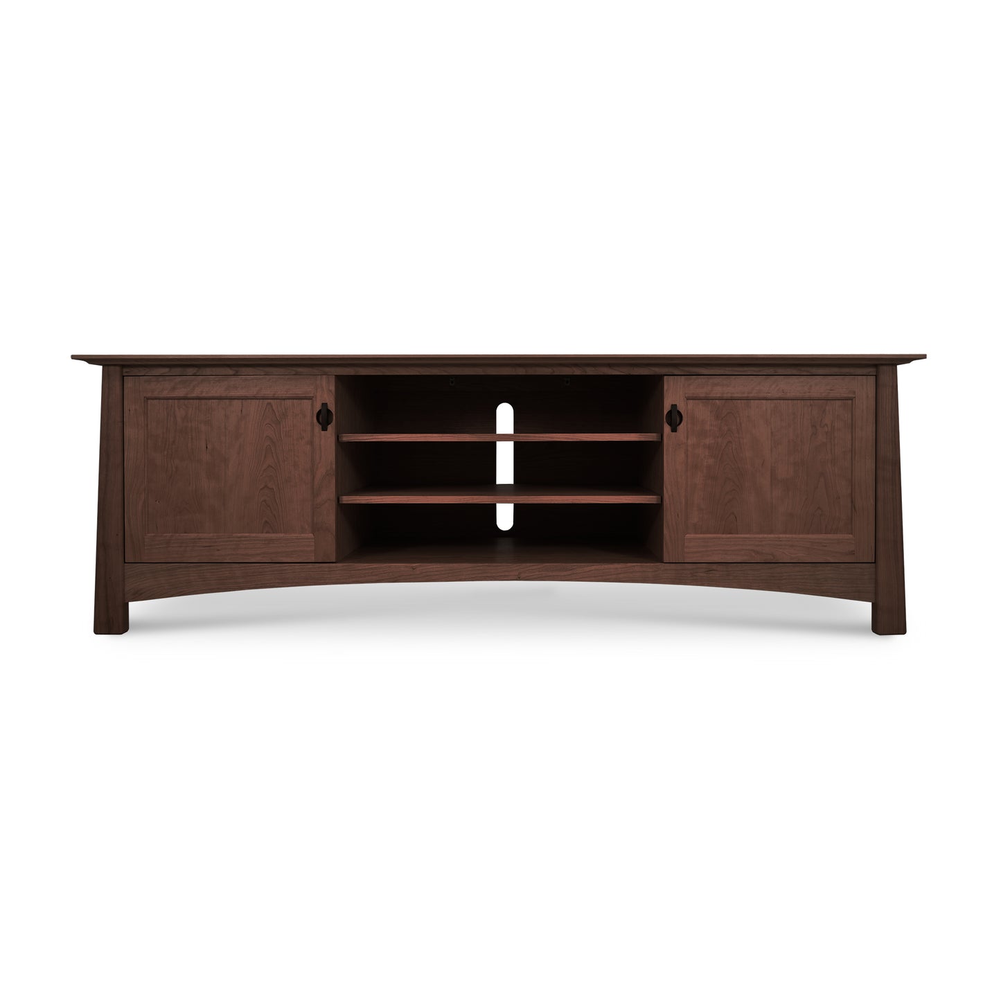 The Maple Corner Woodworks Cherry Moon 80" TV-Media Console is a versatile media center featuring a tv stand with two doors and two drawers. The elegant design is highlighted by the walnut pulls, adding a touch of sophistication to any room.