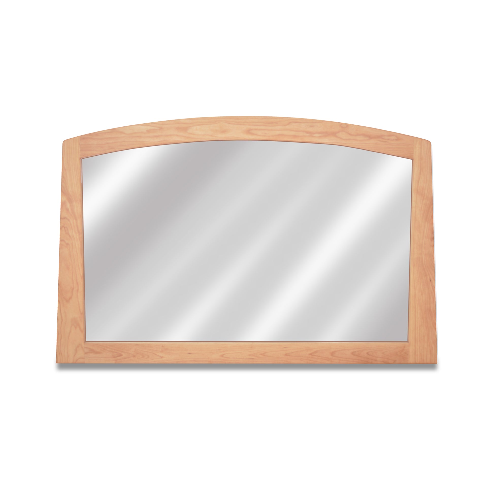 A sustainably harvested solid wood-framed Cherry Moon Horizontal Mirror with an arched top isolated on a white background by Maple Corner Woodworks.