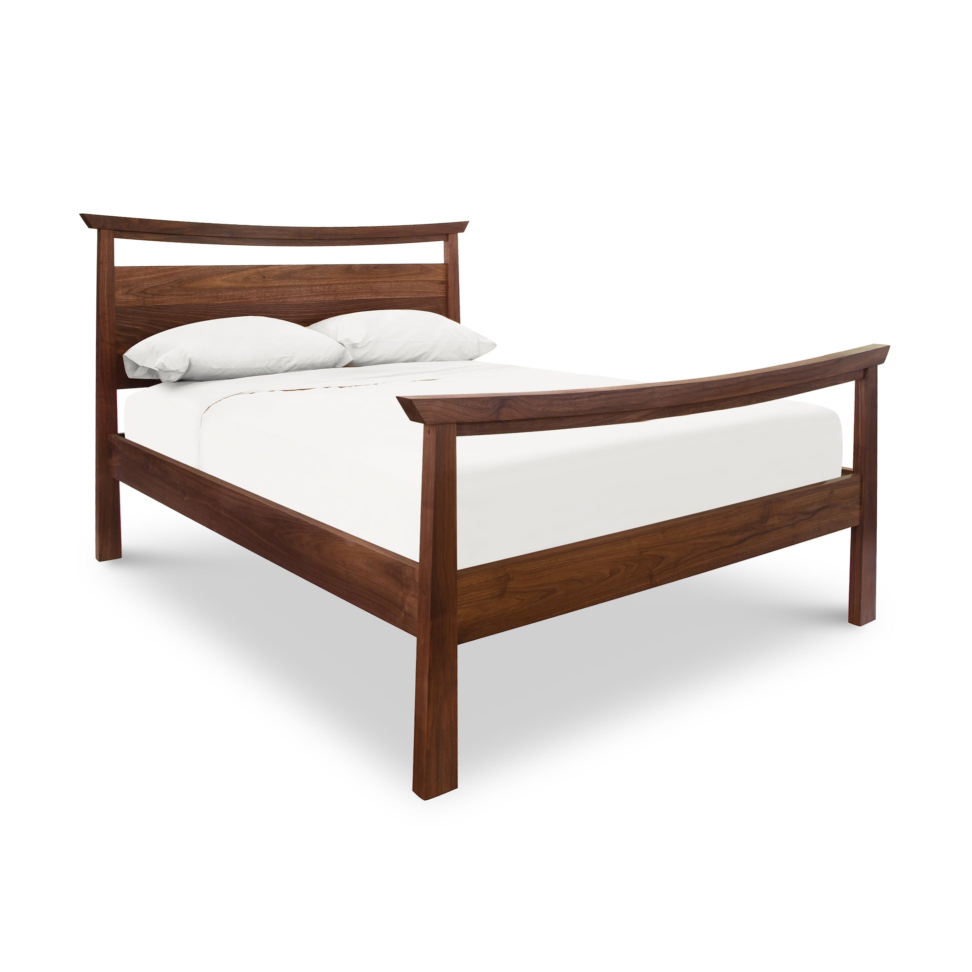A natural Cherry Moon Pagoda bed frame from Maple Corner Woodworks with a dark walnut finish, featuring a curved headboard and a white mattress. The bed is set against a white background, emphasizing its clean and elegant design.