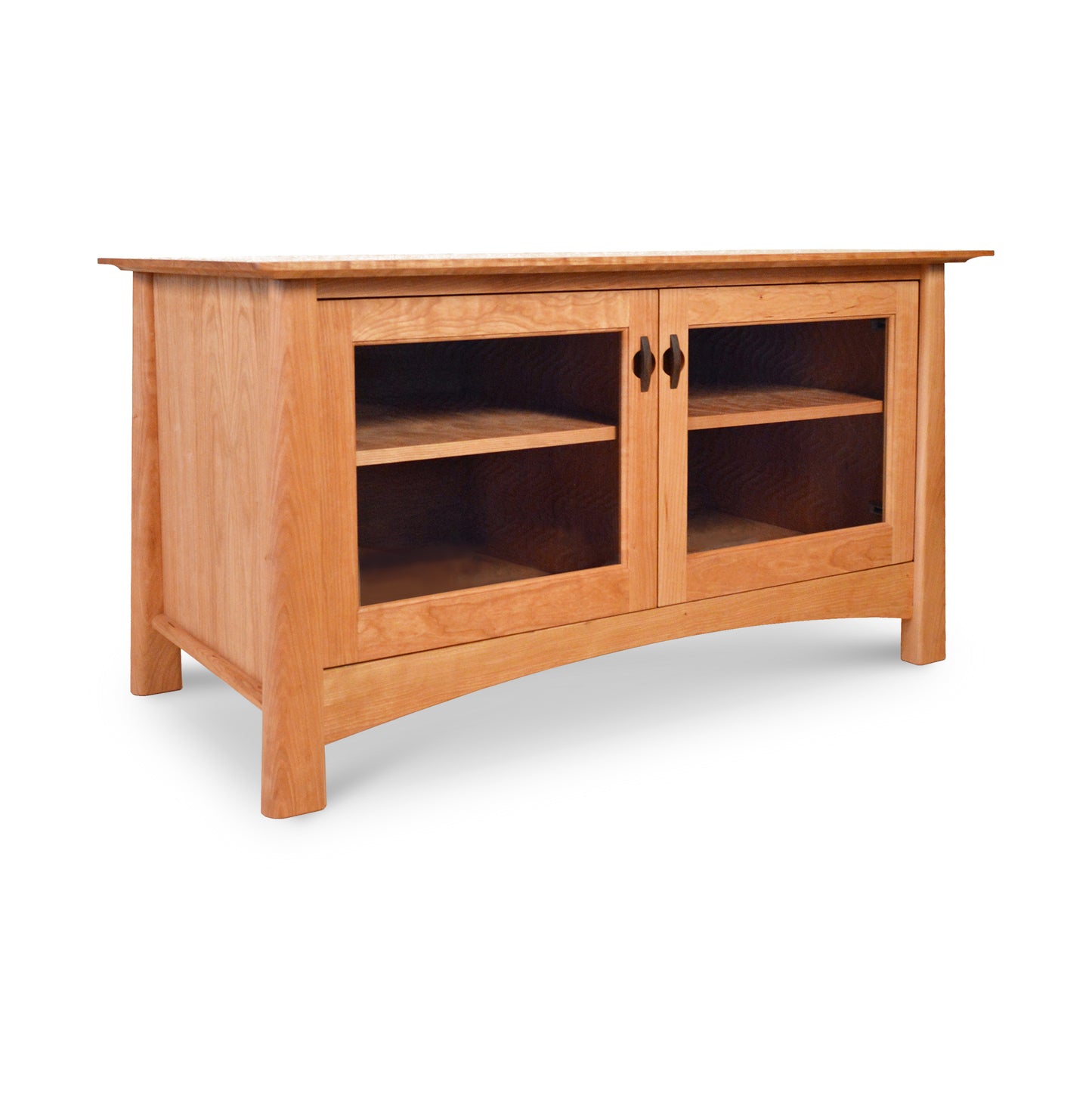 A Maple Corner Woodworks Cherry Moon 49" TV-Media Console with glass doors.
