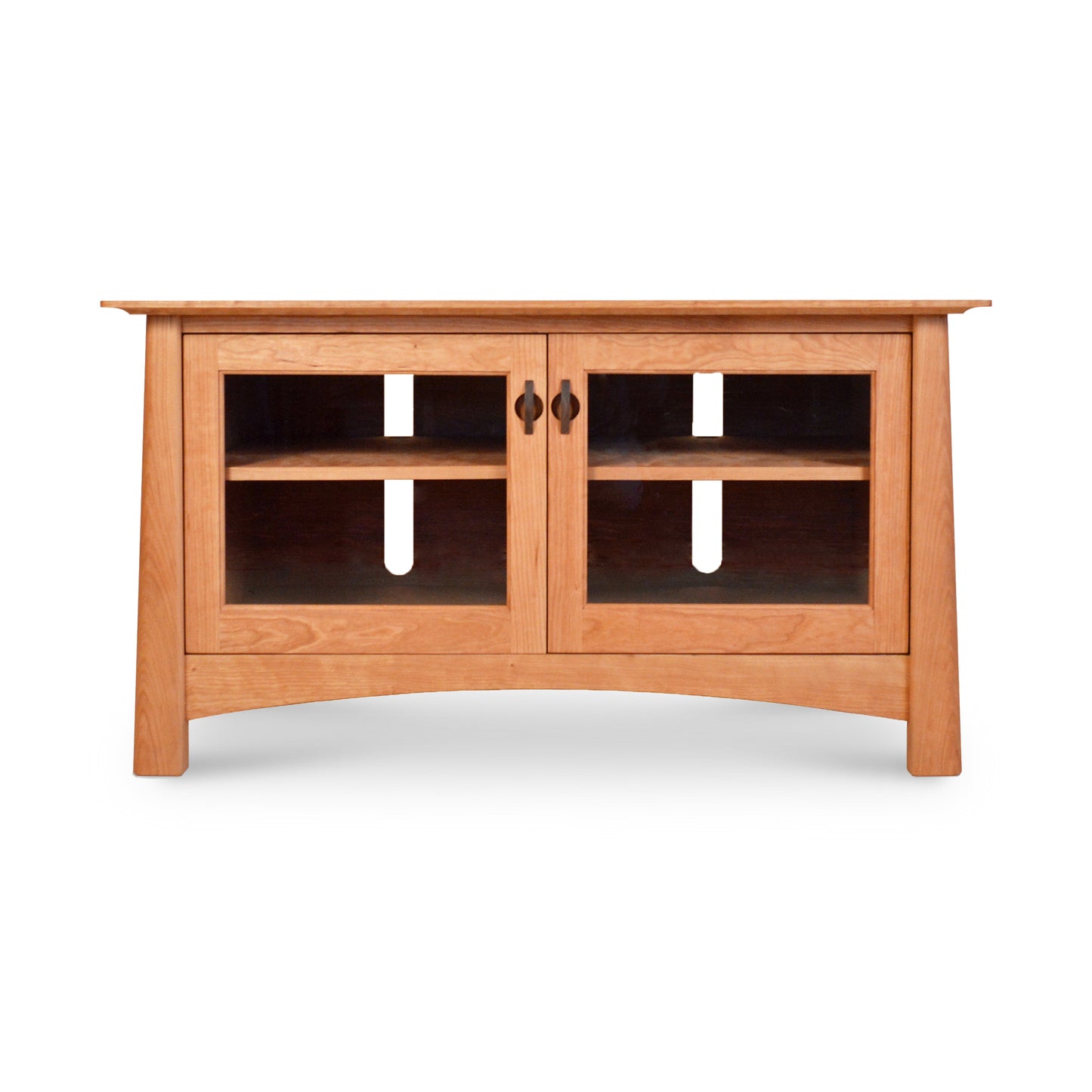 A Maple Corner Woodworks Cherry Moon 49" TV-Media Console with a curved base, featuring two glass doors and internal shelves, set against a plain white background.