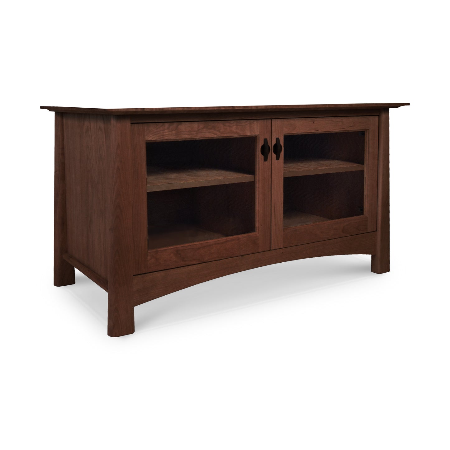 A Maple Corner Woodworks Cherry Moon 49" TV-Media Console with a dark stain, featuring two glass-paneled doors revealing inner shelves, set against a white background.