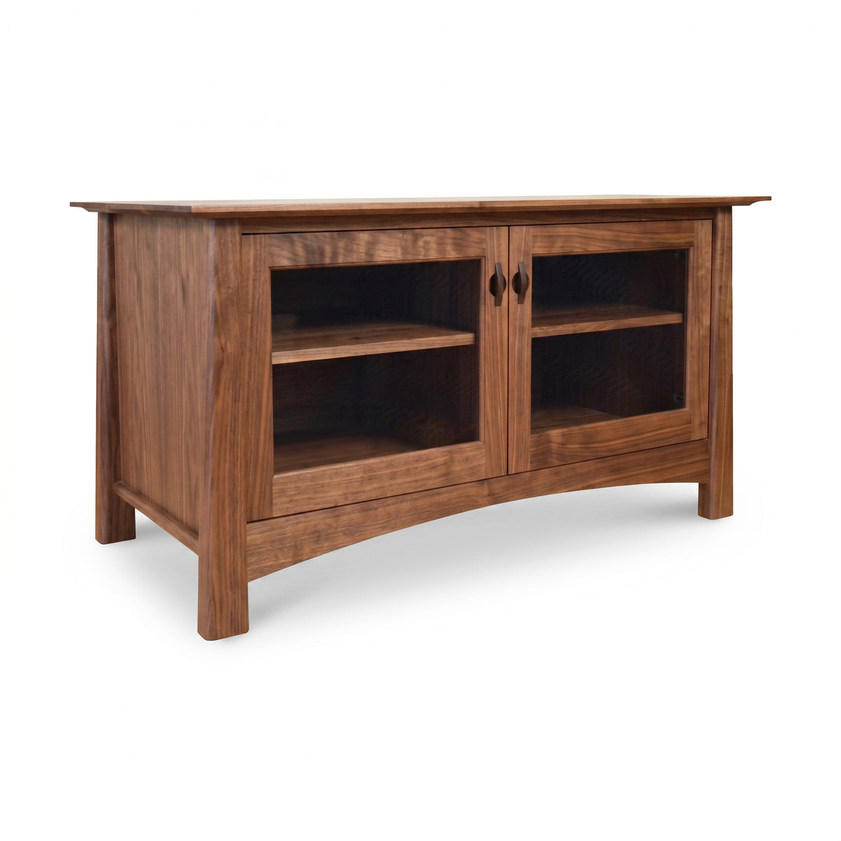 Cherry Moon 49″ TV-Media Console by Maple Corner Woodworks featuring solid cherry wood, glass doors, and an interior shelf, crafted in America.