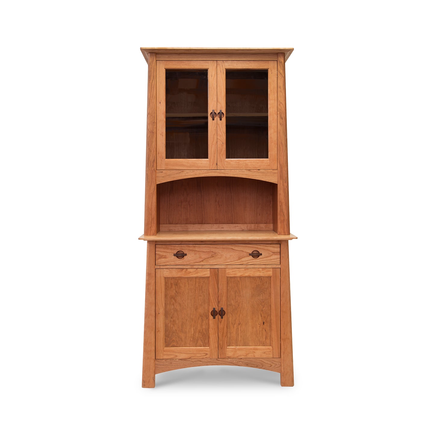 A Maple Corner Woodworks Cherry Moon Small China Cabinet with glass-paneled upper doors and solid lower doors on a white background.