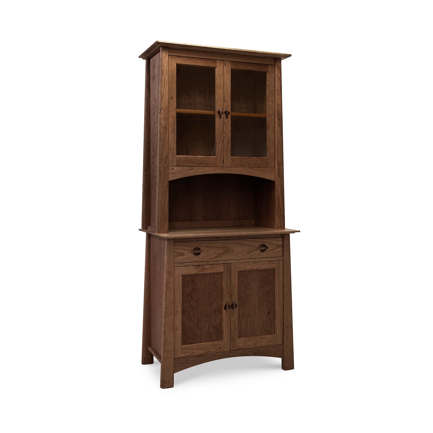 A luxury Maple Corner Woodworks Cherry Moon Small China Cabinet with glass-panel upper doors and solid lower doors against a white background.
