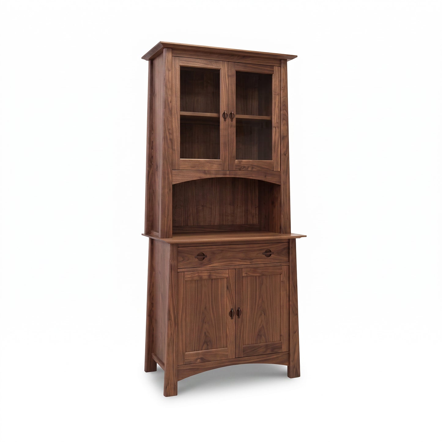 Cherry Moon Small China Cabinet in solid walnut hardwood by Maple Corner Woodworks, featuring glass doors, open shelf, and lower storage.