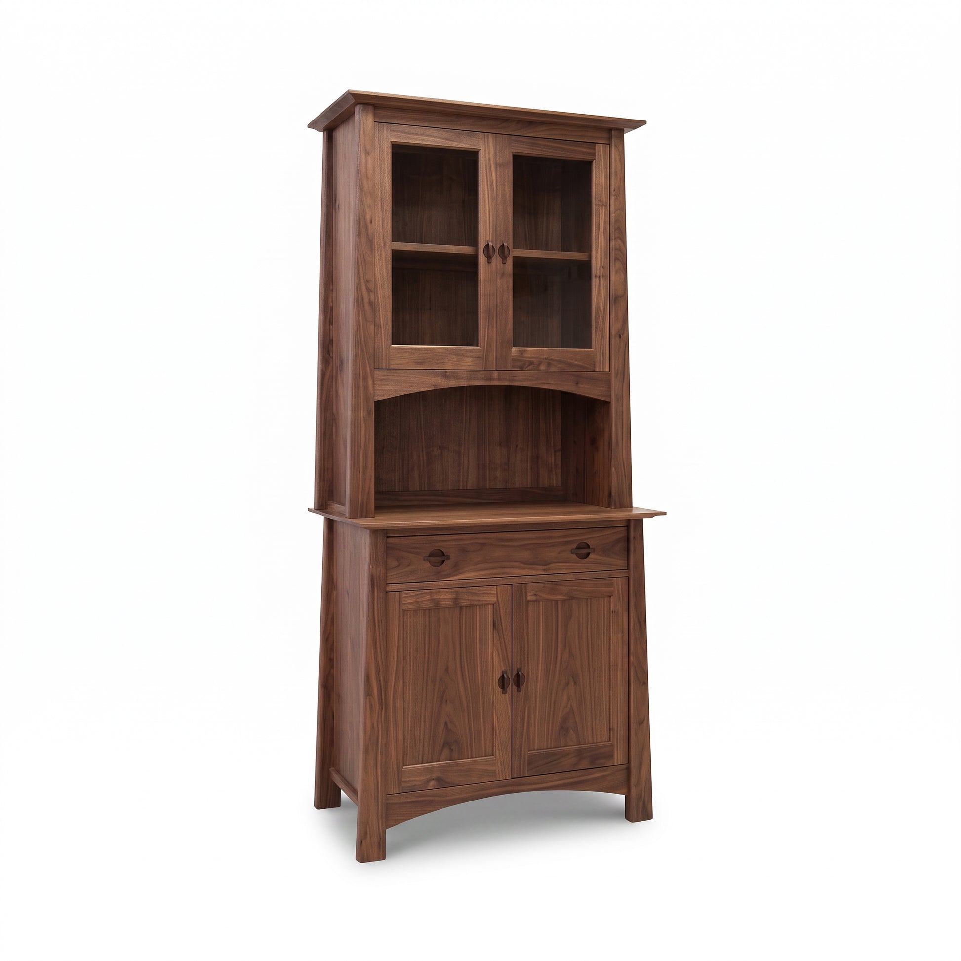 Cherry Moon Small China Cabinet in solid walnut hardwood by Maple Corner Woodworks, featuring glass doors, open shelf, and lower storage.