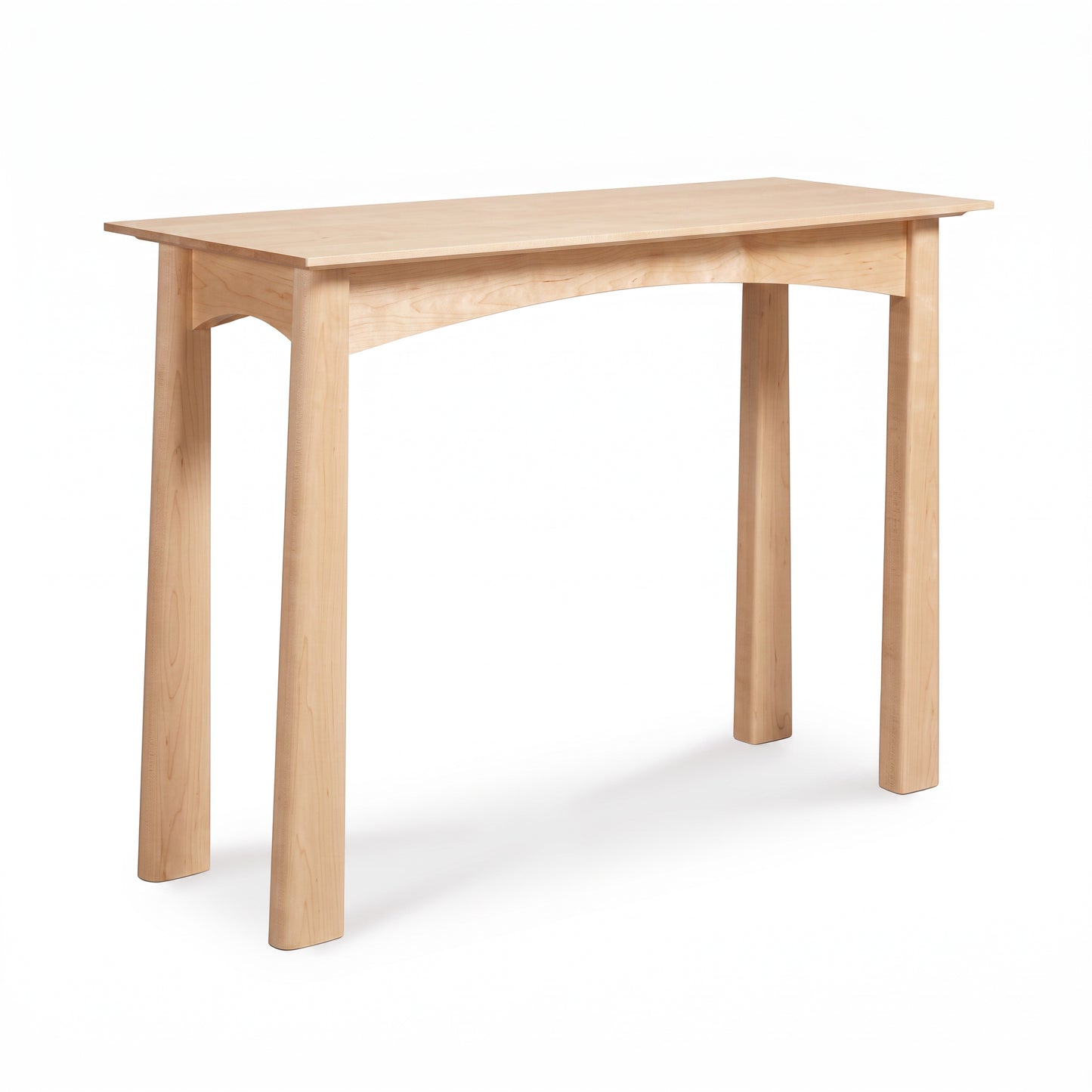 Handcrafted Cherry Moon Sofa Table from Maple Corner Woodworks in light cherry wood with Arts & Crafts apron, American made.